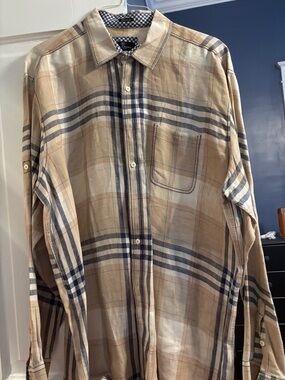 Bugatchi Beige and Navy Plaid Button-Down Shirt